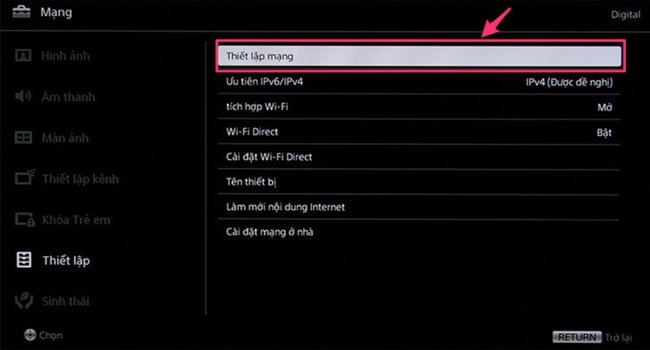 Cách kết nối mạng cho tivi Sony